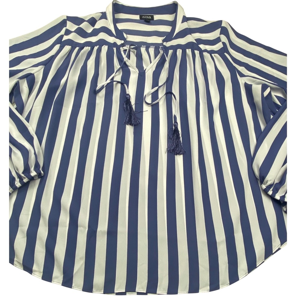 a.n.a A New Approach Blue White Striped Tassel Tie Peasant Blouse‎ XL 75590-0